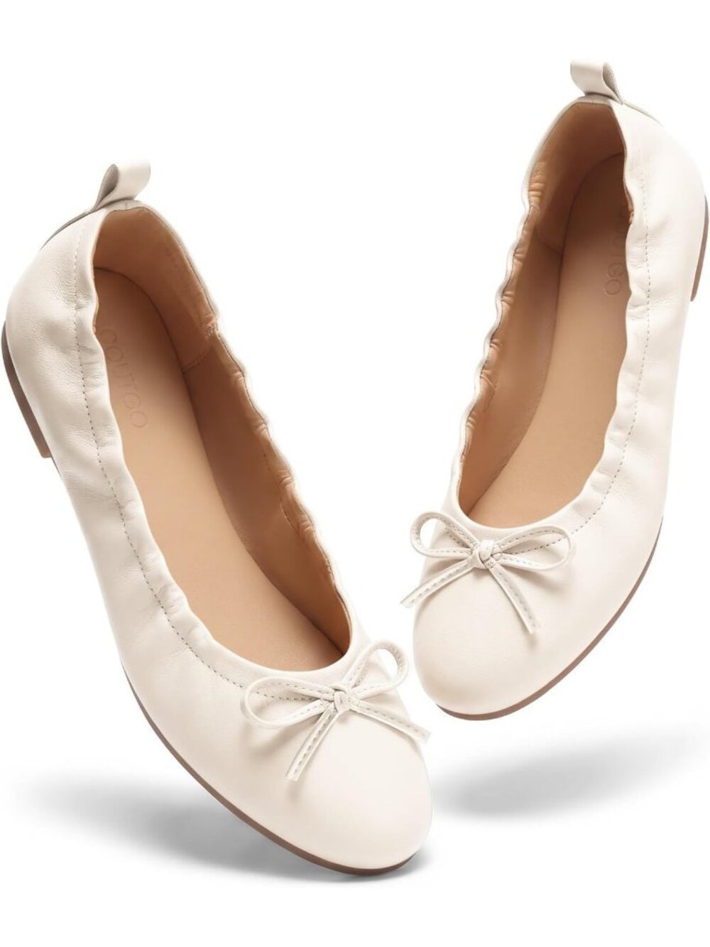Women's Beige Faux Leather Comfortable Bow Round Toe Slip On Dress Flats Shoes